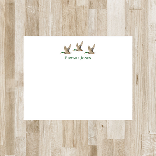Personalized duck hunting flat notecard with three mallard ducks and name in green