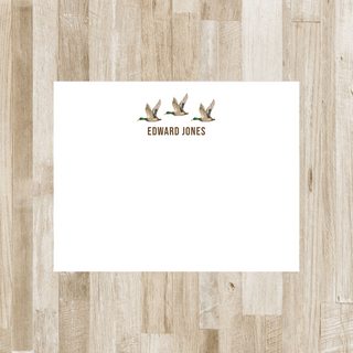 Personalized duck hunting flat notecard with three mallard ducks and name in brown