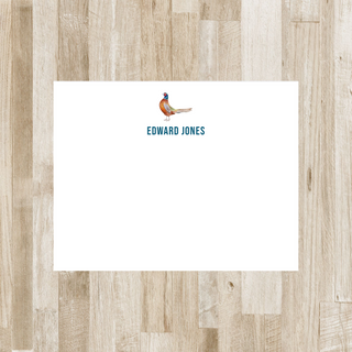 Personalized pheasant hunting flat notecard with name in blue