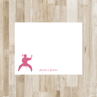 Personalized karate flat notecard with pink karate girl and pink name