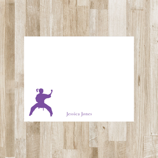 Personalized karate flat notecard with purple karate girl and purple name