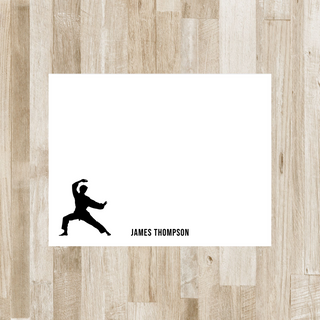 Personalized karate flat notecard with black karate boy and black name