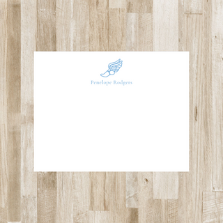 Personalized track and field flat notecard with light blue winged shoe and light blue name
