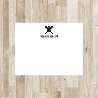 Personalized cricket flat notecard with black crossed bats, ball and name