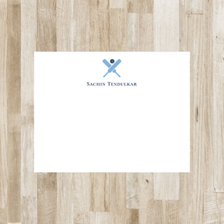 Personalized cricket flat notecard with light blue bats, navy ball and navy name