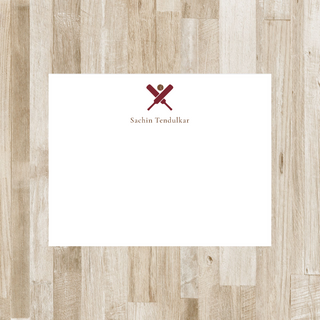 Personalized cricket flat notecard with maroon bats, brown ball and brown name