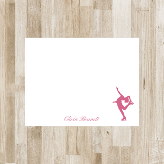 Personalized figure skater flat notecard with pink skater and pink script name