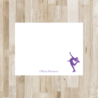 Personalized figure skater flat notecard with purple skater and purple name