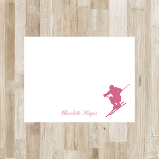 Personalized skier flat notecard with pink skier and pink script name