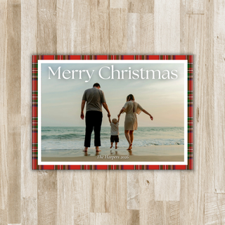 Red tartan border Christmas photo card - front
