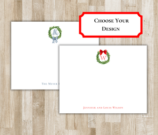 Personalized monogram wreath flat notecards - choose red bow or blue bow