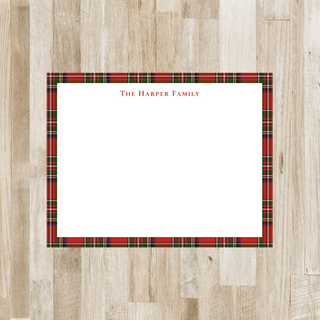 Personalized tartan plaid border flat notecard with red small caps family name