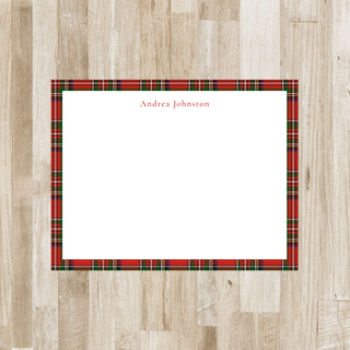 Personalized tartan plaid border flat notecard with red serif name