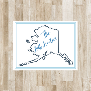 Personalized Alaska The Last Frontier notecard in Glacier colors: icy blue, glacier blue, and slate