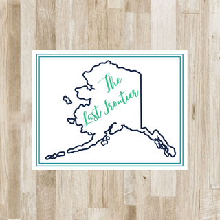 Personalized Alaska The Last Frontier notecard in Northern Lights colors: navy, aurora green, and teal