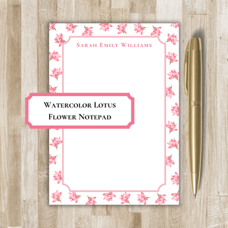 Personalized Lotus Flower Notepad | Pink Watercolor Notepad with Lotus Flower Border