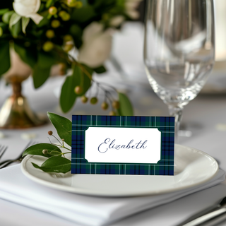 Navy Blue & Green Tartan Plaid Christmas Place Cards