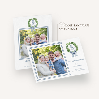 Family Christmas Card | Blue Bow Wreath Family Holiday Card | Preppy Xmas Card | Printed or PDF File | Portrait or Landscape | 2-Sided Card