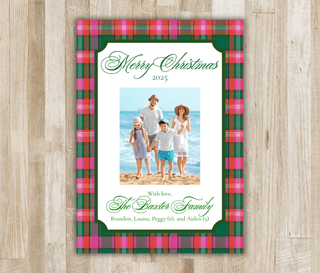 Pink & Green Tartan Plaid Family Photo Christmas Card