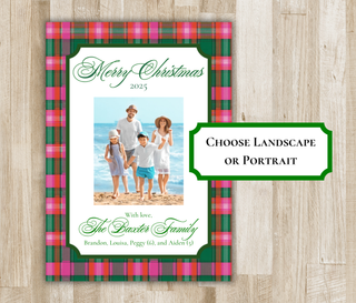 Pink & Green Tartan Plaid Family Photo Christmas Card