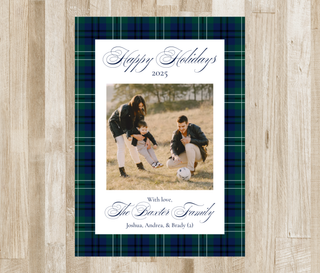 Navy & Green Tartan Plaid Family Photo Christmas Card | Portrait or Landscape | Preppy Family Photo Holiday Card