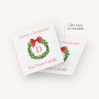 Christmas Wreath Personalized Gift Tags or Stickers | Monogram Holiday Gift Tags | Custom Christmas Gift Tags or Stickers | Preppy Xmas Tag
