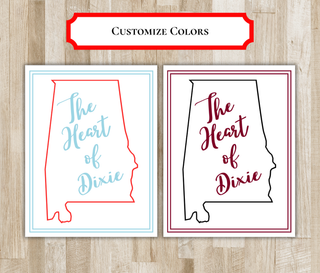 Customize colors: Alabama Heart of Dixie notecard in light blue and red, and in maroon and black