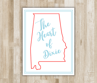 Personalized Alabama The Heart of Dixie folded notecard with red state outline and light blue script