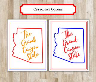 Customize colors: Arizona Grand Canyon State notecard in red, orange and blue, and in blue and red