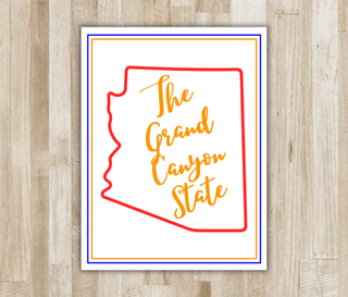 Personalized Arizona The Grand Canyon State folded notecard with red state outline, orange script, and blue border