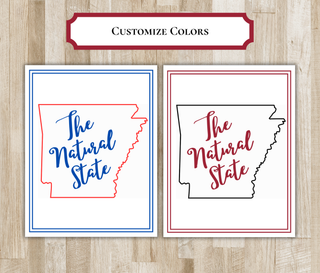 Customize colors: Arkansas Natural State notecard in red and blue, and in black and cardinal red