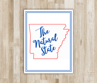 Personalized Arkansas The Natural State folded notecard with red state outline, blue script, and blue border