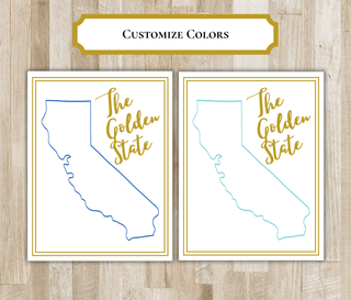 Customize colors: California Golden State notecard in blue and gold, and in turquoise and gold