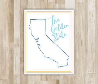 Personalized California The Golden State folded notecard with blue state outline, light blue script, and gold border