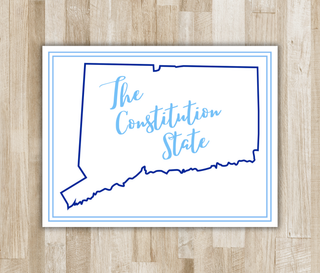 Personalized Connecticut The Constitution State folded notecard with navy state outline, light blue script, and light blue border