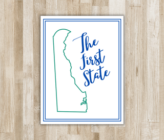 Personalized Delaware The First State folded notecard with green state outline, royal blue script, and royal blue border