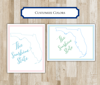 Customize colors: Florida The Sunshine State notecard in light blue and pink portrait, and green and light blue landscape