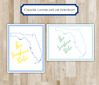Choose landscape or portrait: Florida The Sunshine State notecard in royal blue and yellow portrait, and green and light blue landscape