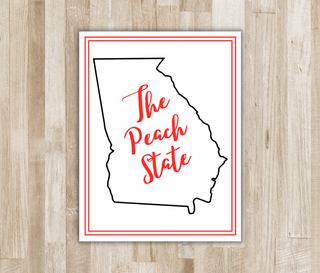 Georgia The Peach State folded notecard with black state outline, red script, and red border