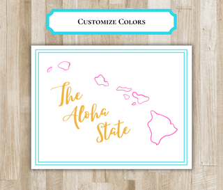 Hawaii The Aloha State folded notecard with pink island outlines, gold script, and turquoise border