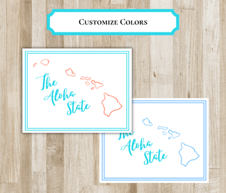 Customize colors: Hawaii The Aloha State notecard in coral and turquoise, and in light blue and turquoise