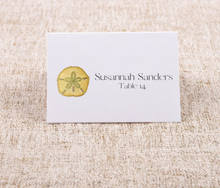 Beachy & Seaside Place-Cards | Tropical Wedding Dinner Seating Cards | Choose your icon: seashell, sand dollar, palm tree, crab, manatee