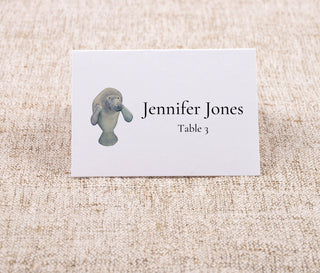 Beachy & Seaside Place-Cards | Tropical Wedding Dinner Seating Cards | Choose your icon: seashell, sand dollar, palm tree, crab, manatee