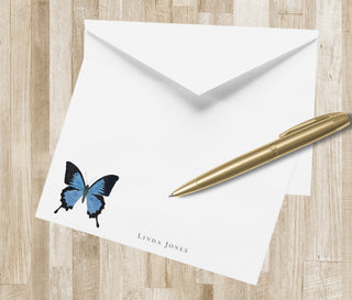 Personalized Blue Butterfly Stationery | Custom Blue & Black Butterfly Notecards | Butterfly Stationary Set