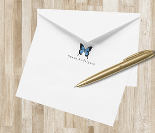 Personalized Blue Butterfly Stationery | Custom Blue & Black Butterfly Notecards | Butterfly Stationary Set
