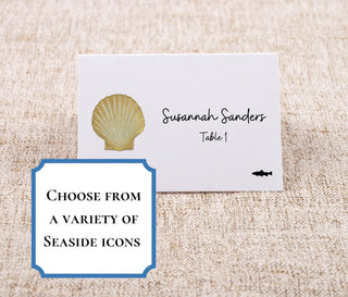Beachy & Seaside Place-Cards | Tropical Wedding Dinner Seating Cards | Choose your icon: seashell, sand dollar, palm tree, crab, manatee