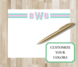 Block Monogram Stripe Stationery | Personalized Stationary | Colorful Personalized Notecards | Preppy Custom Monogram