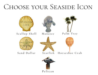 Beachy & Seaside Place-Cards | Tropical Wedding Dinner Seating Cards | Choose your icon: seashell, sand dollar, palm tree, crab, manatee