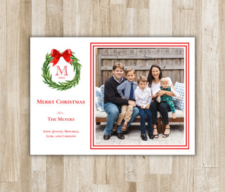 Family Christmas Card | Red Bow Wreath Family Holiday Card | Preppy Xmas Card | Printed Christmas Card | Portrait or Landscape | 2 Sided