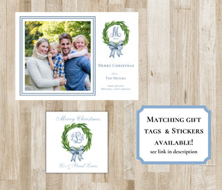 Family Christmas Card | Blue Bow Wreath Family Holiday Card | Preppy Xmas Card | Printed or PDF File | Portrait or Landscape | 2-Sided Card